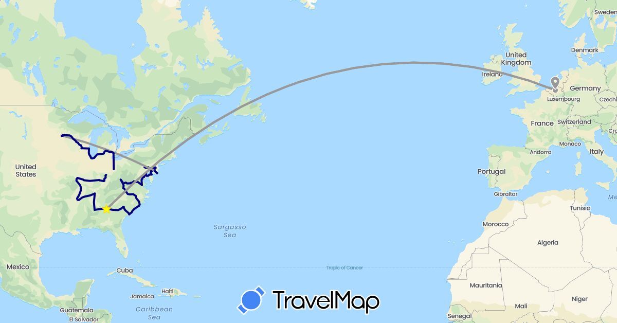 TravelMap itinerary: driving, plane in Belgium, United States (Europe, North America)
